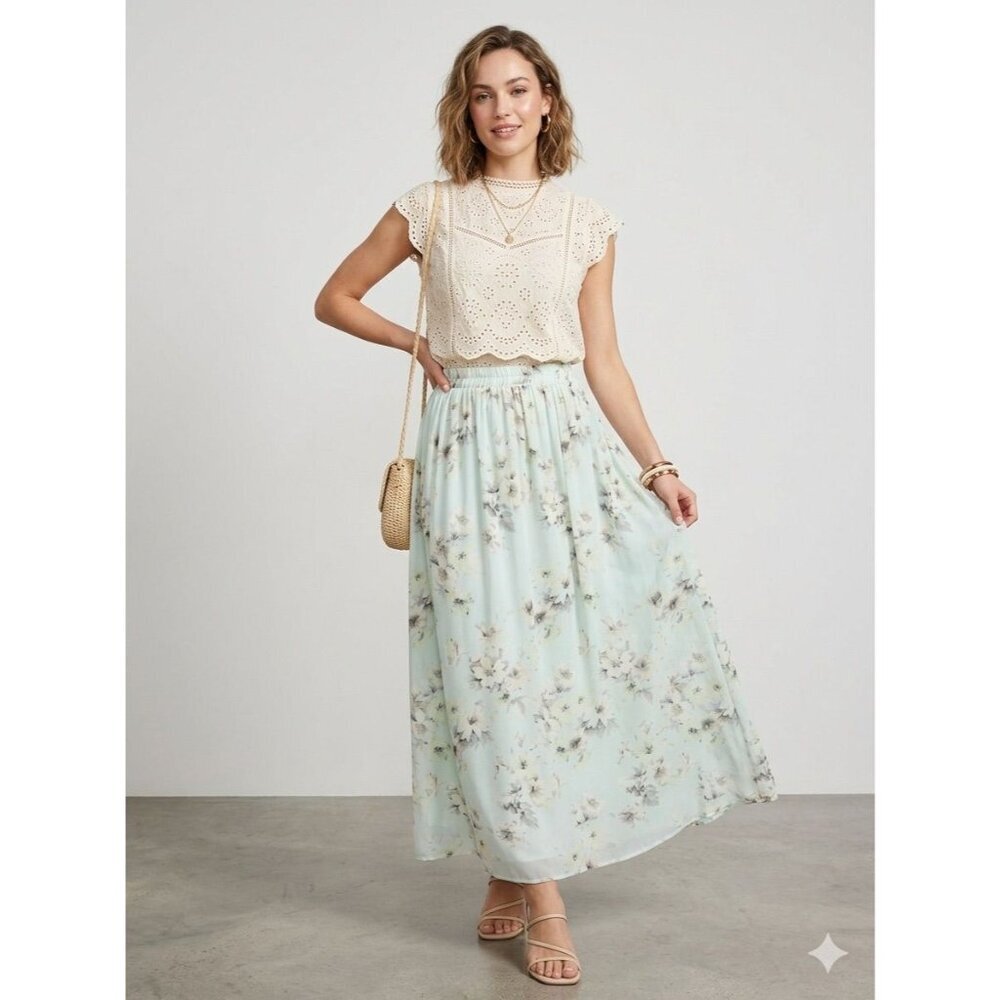 Mint Green Floral Midi Skirt Elastic Waist Lightweight Cottagecore Romantic XL
